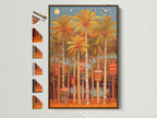 Palm Trees canvas print in a brown frame. This tropical wall art brings a vintage style to any sun room. Explore coastal decor with orange and blue hues. Perfect island art.