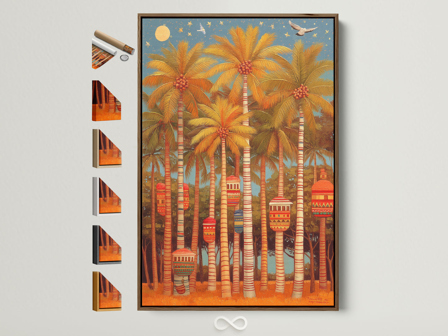 Palm Trees canvas print in a brown frame. This tropical wall art brings a vintage style to any sun room. Explore coastal decor with orange and blue hues. Perfect island art.