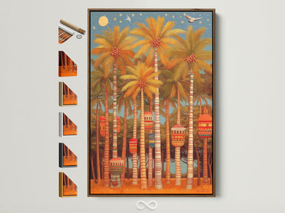 Palm Trees canvas print in a brown frame. This tropical wall art brings a vintage style to any sun room. Explore coastal decor with orange and blue hues. Perfect island art.
