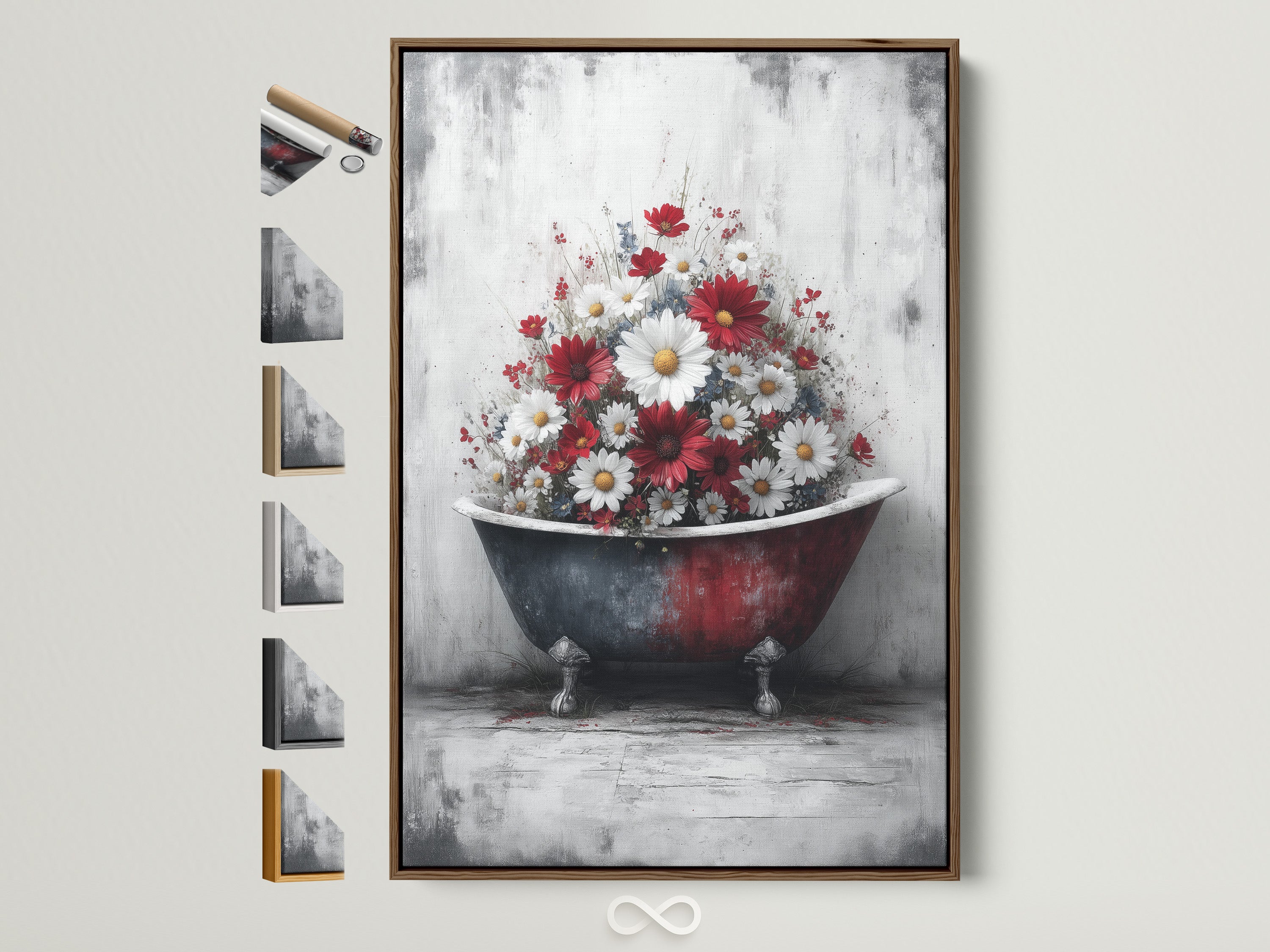 Vintage Bathtub Canvas Artwork with a brown frame. The artwork features a clawfoot tub filled with red and white flowers. Frame options are displayed on the side. Enhance your bathroom with farmhouse style art.