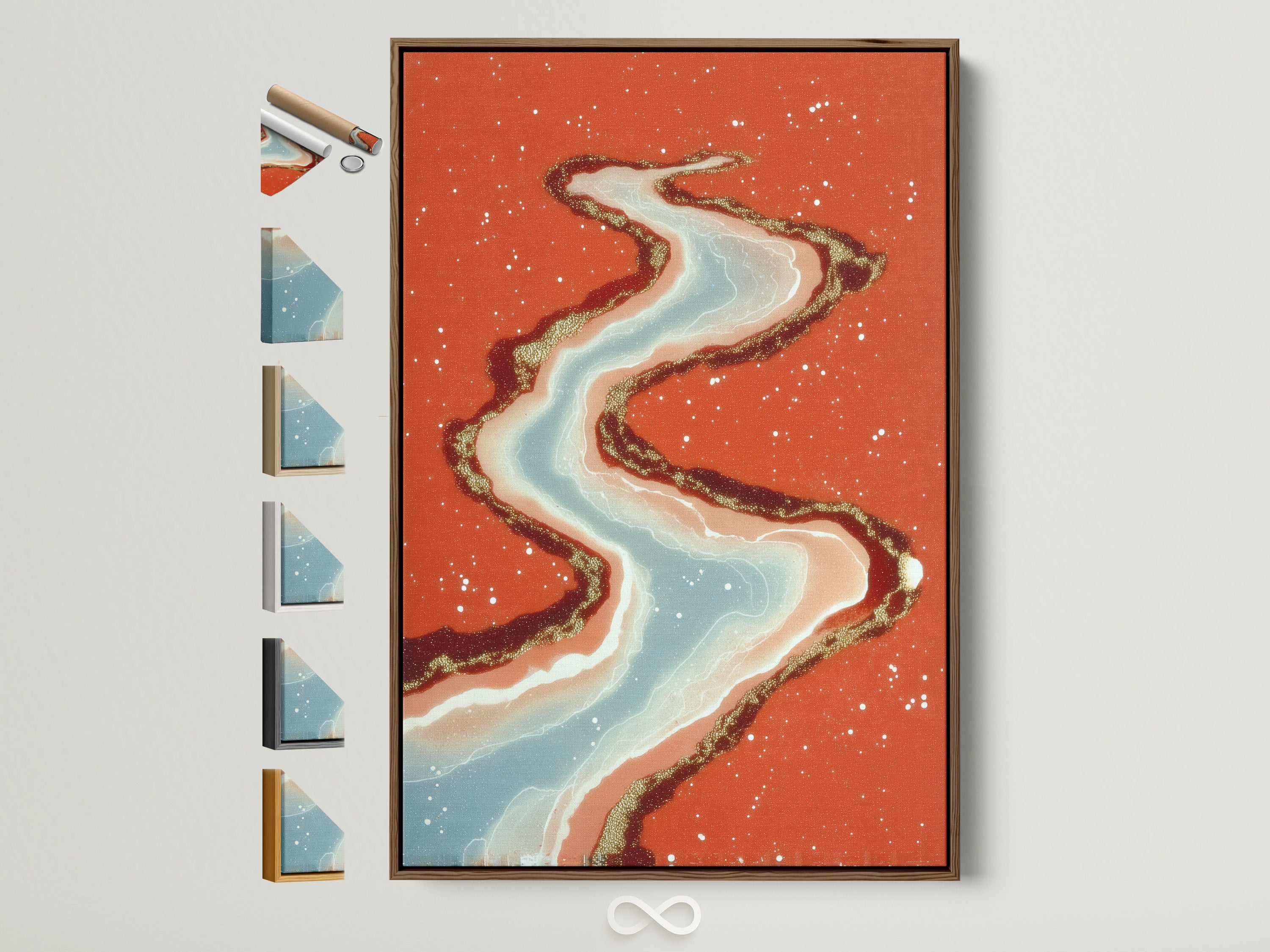 Abstract River Art Print in a brown frame. This flowing water artwork brings a modern touch to bedroom decor.  Explore frame options to perfectly match your style. Coral orange and teal create a calming yet contemporary vibe for any space.