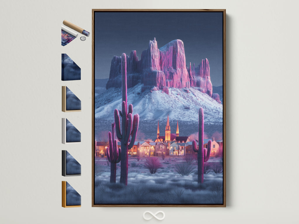 Modern Southwestern artwork. A pink cactus and mountain canvas print is displayed in a brown frame. This desert landscape artwork brings a touch of the Southwest to any room. Explore framing options to customize your art.