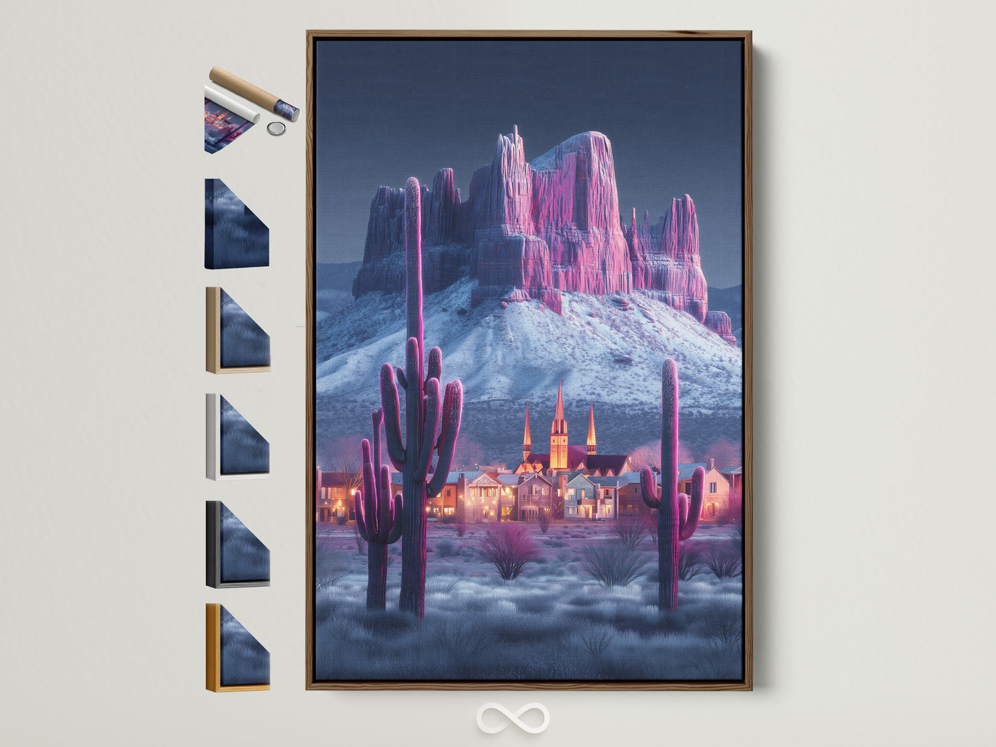 Modern Southwestern artwork. A pink cactus and mountain canvas print is displayed in a brown frame. This desert landscape artwork brings a touch of the Southwest to any room. Explore framing options to customize your art.