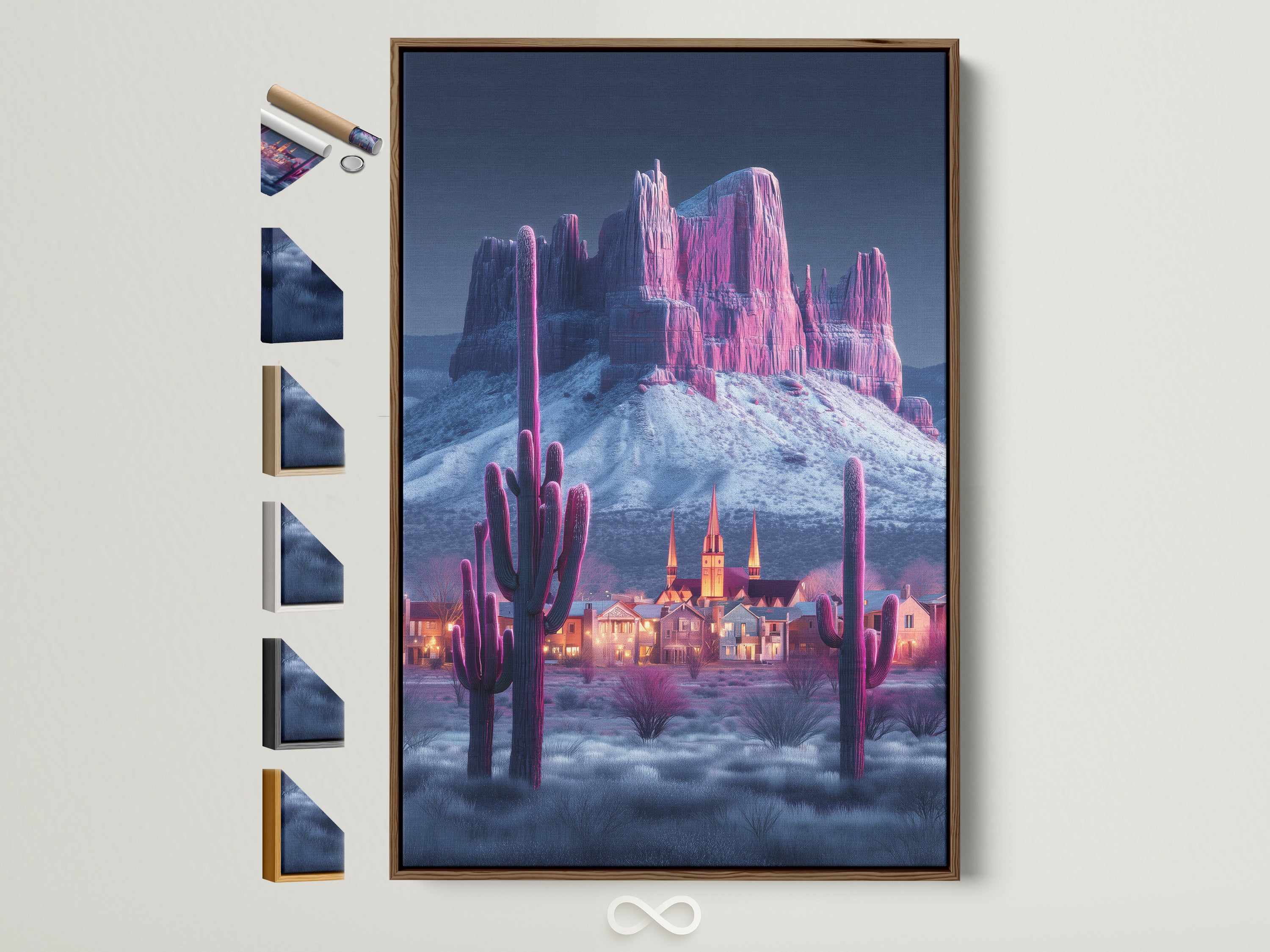 Modern Southwestern artwork. A pink cactus and mountain canvas print is displayed in a brown frame. This desert landscape artwork brings a touch of the Southwest to any room. Explore framing options to customize your art.