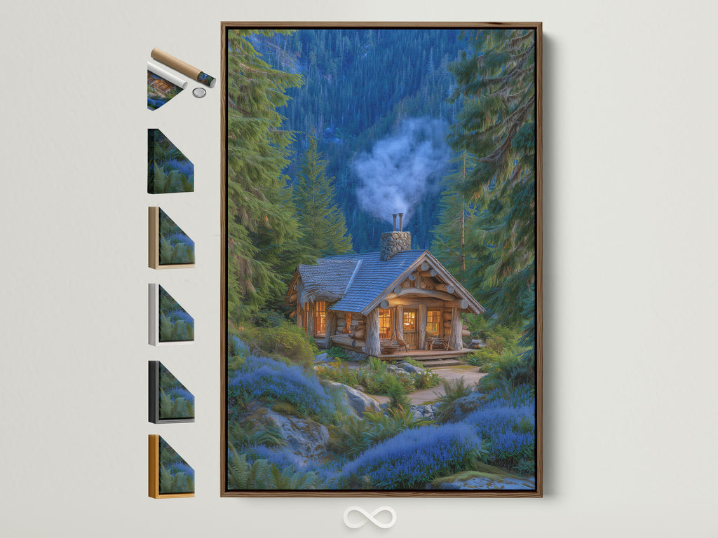 A framed forest cabin artwork with a brown frame is displayed. The artwork features a cozy mountain lodge nestled among pine trees and blue flowers. Frame options are visible on the side. This rustic woodland cottage art brings nature indoors. Perfect for adding a touch of wilderness to your home decor.