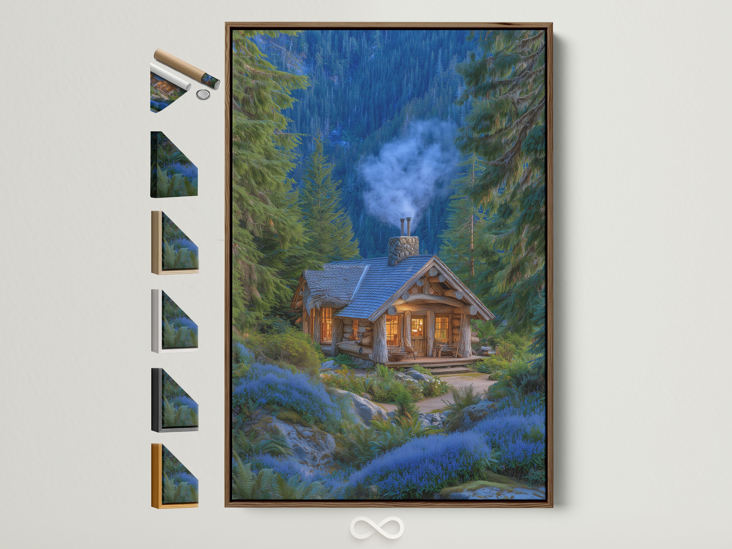 A framed forest cabin artwork with a brown frame is displayed. The artwork features a cozy mountain lodge nestled among pine trees and blue flowers. Frame options are visible on the side. This rustic woodland cottage art brings nature indoors. Perfect for adding a touch of wilderness to your home decor.