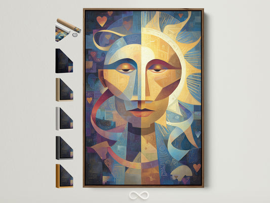 Explore framing options for your artwork. This brown frame displays an abstract sun face art print. Discover various frame styles to perfectly complement your art. View all frame choices available to enhance your space.