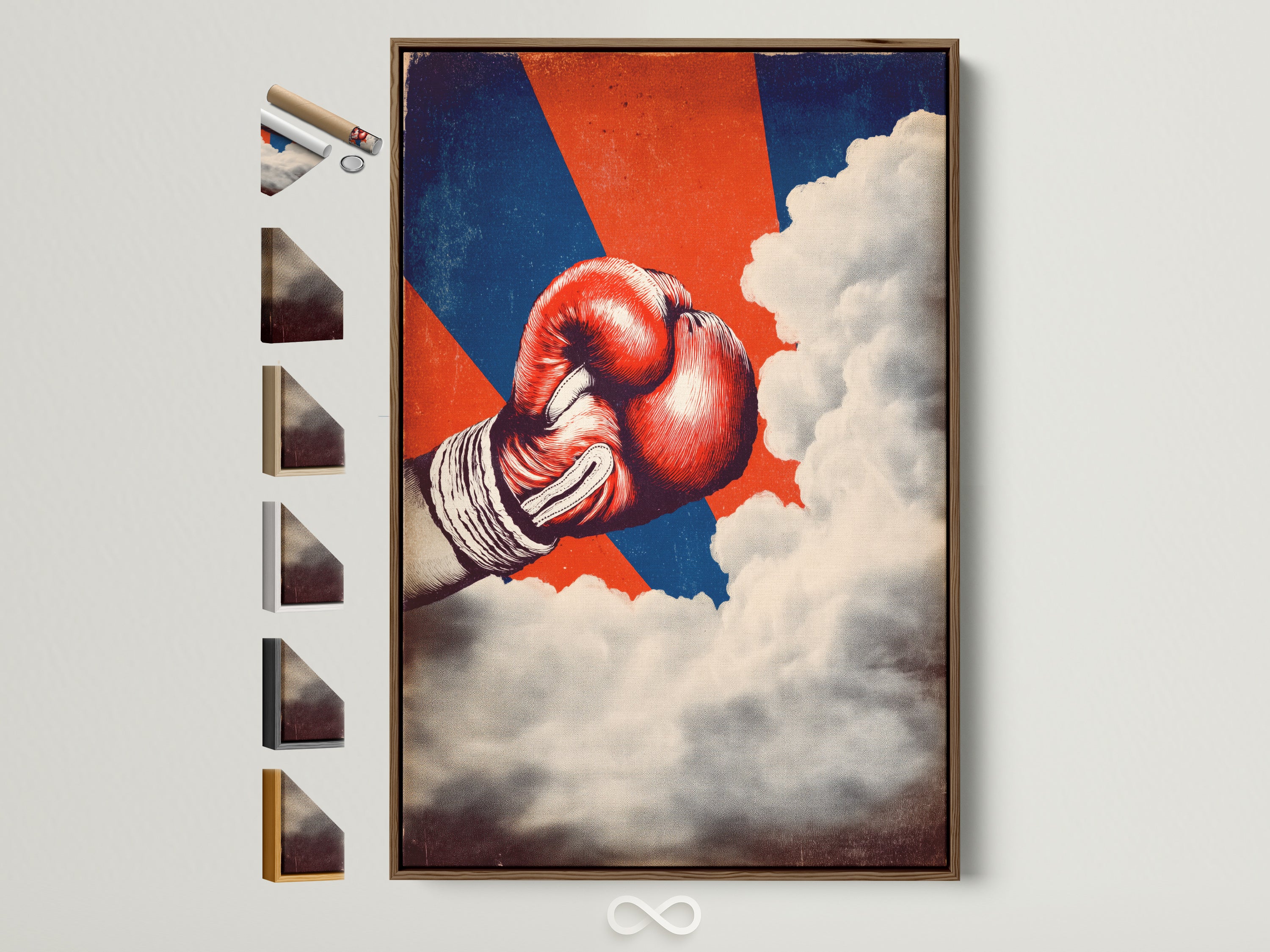 A vintage boxing glove artwork is displayed in a brown frame. See all our frame options available. Perfect retro fight poster for your man cave decor. This sports wall art adds a touch of vintage to any room. Red and blue art evokes classic boxing nostalgia.