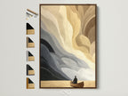 Abstract boat art in a brown frame. The wall art features neutral tones of beige and gray. This minimalist seascape artwork complements office decor. Various frame options are displayed. It suits minimalist Scandinavian coastal and modern styles.