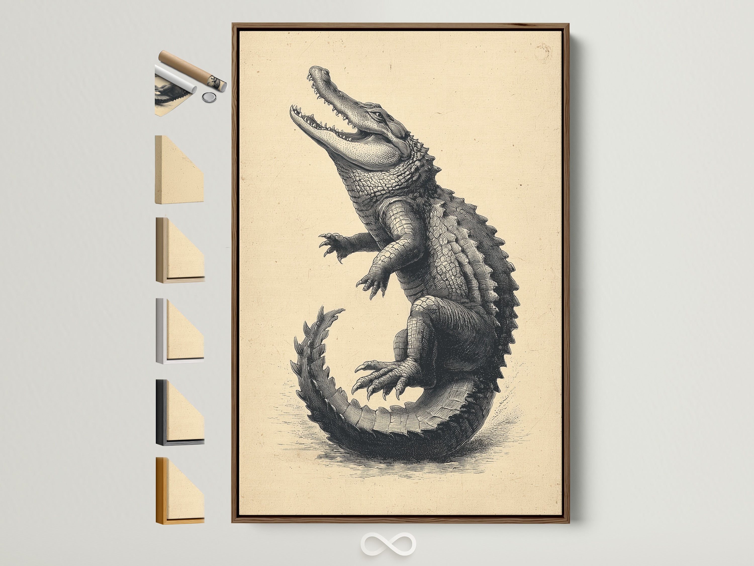 Vintage alligator artwork in a brown frame. This natural history poster is perfect for a study room. See all frame options available. Get your antique reptile wall art today. It is ideal for office spaces and libraries.
