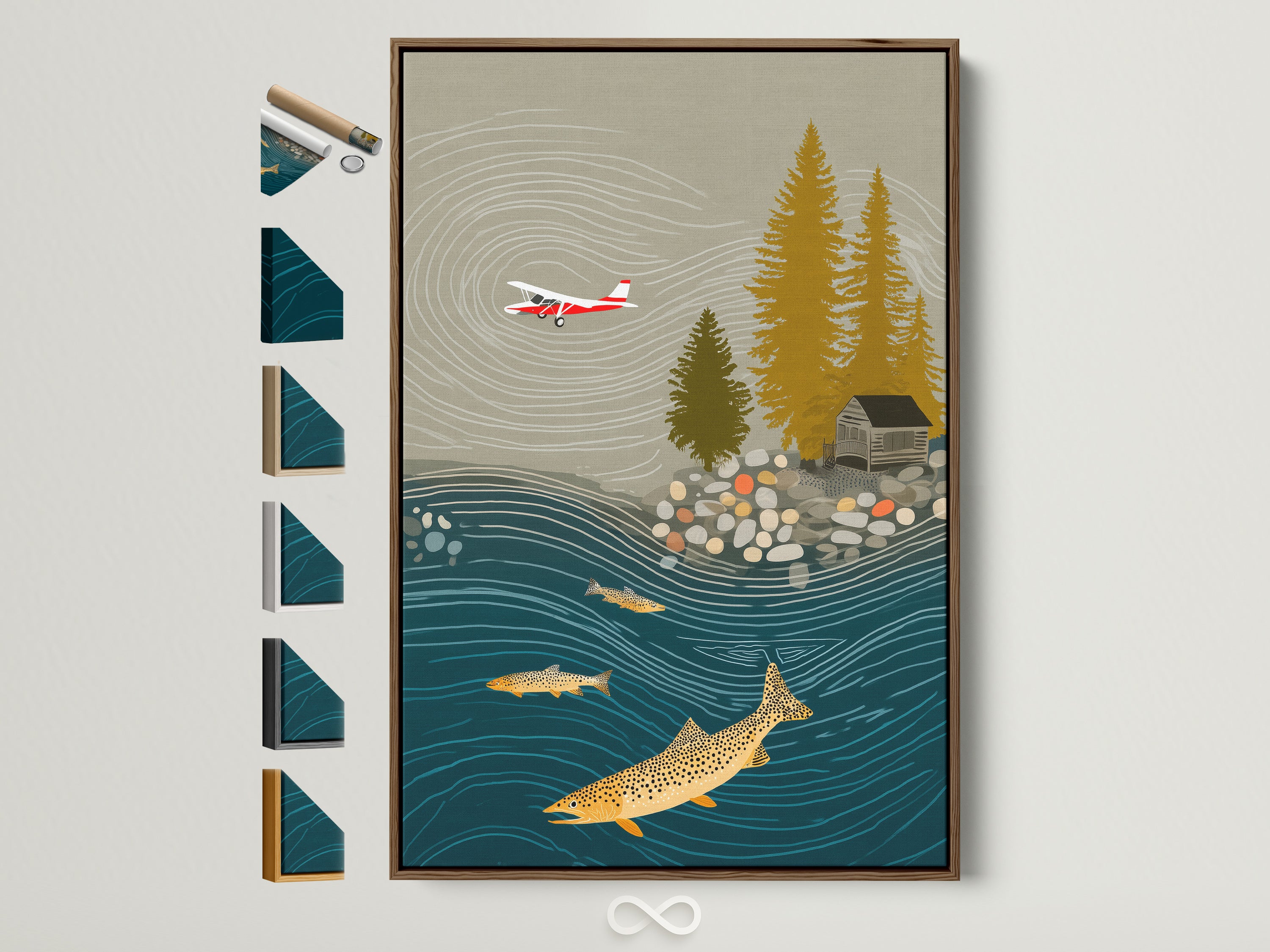 Various frame options are displayed next to a framed fishing landscape artwork. The artwork features a cabin wall art piece with a vintage airplane poster aesthetic.  It would be perfect for man cave decor. The frame is a light brown color.