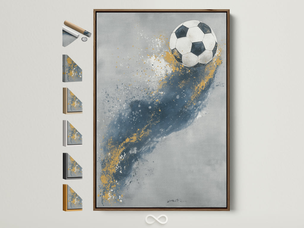 A soccer ball artwork print is displayed in a brown frame. The artwork features abstract sports wall art. Perfect for a boys room or game room. See frame options on the side. Elevate your space with this sports themed artwork. Ideal for modern minimalist or industrial styles.