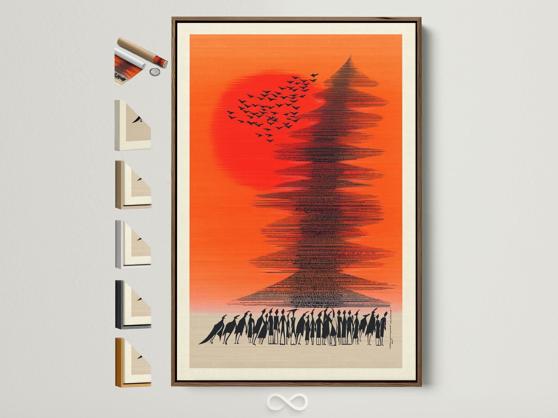 Abstract Sunset artwork with birds and people in a brown frame. View all frame options for this orange sky artwork. Enhance your office decor with this modern art piece. Shop now to bring this unique piece to your space.
