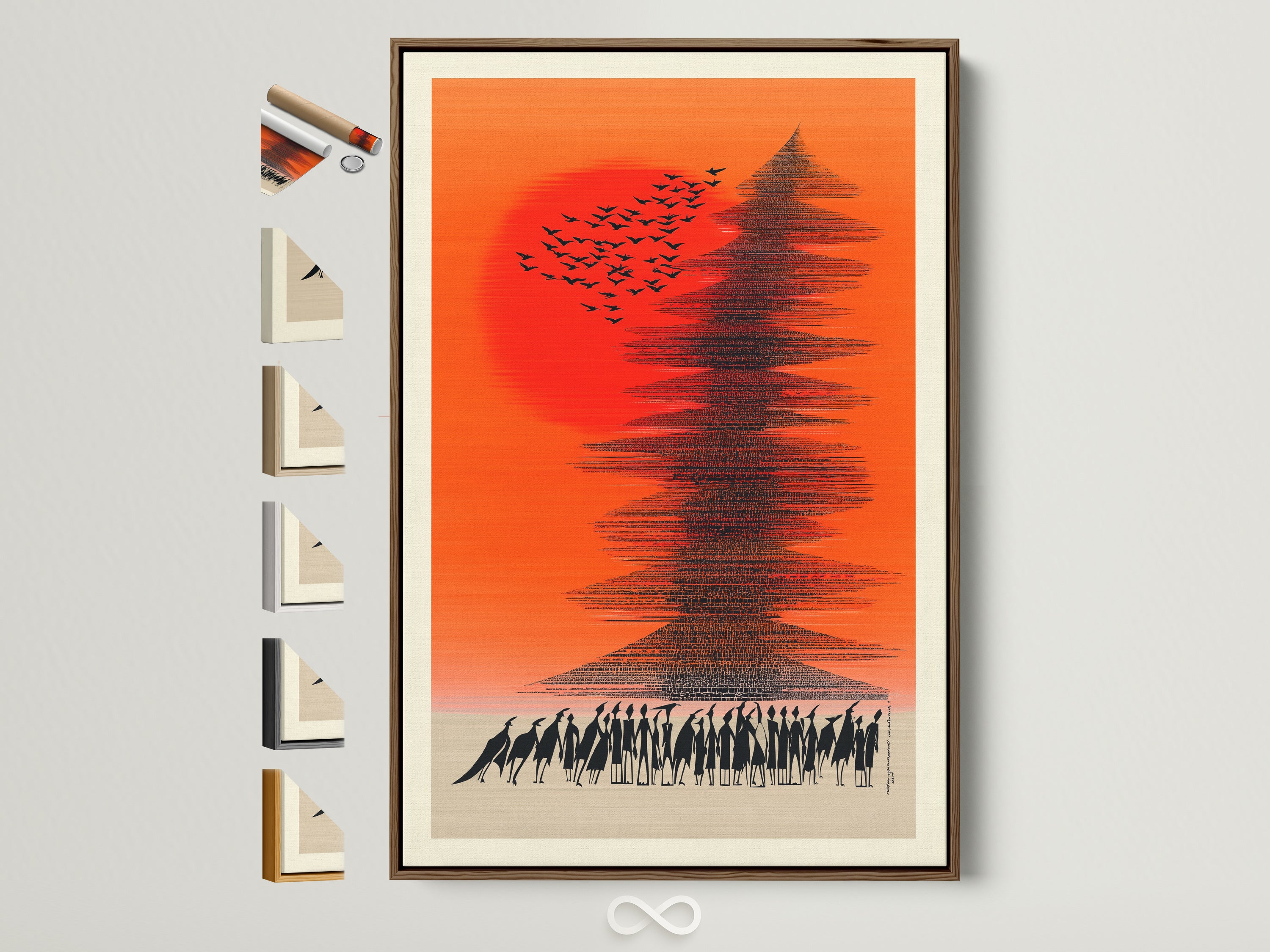 Abstract Sunset artwork with birds and people in a brown frame. View all frame options for this orange sky artwork. Enhance your office decor with this modern art piece. Shop now to bring this unique piece to your space.