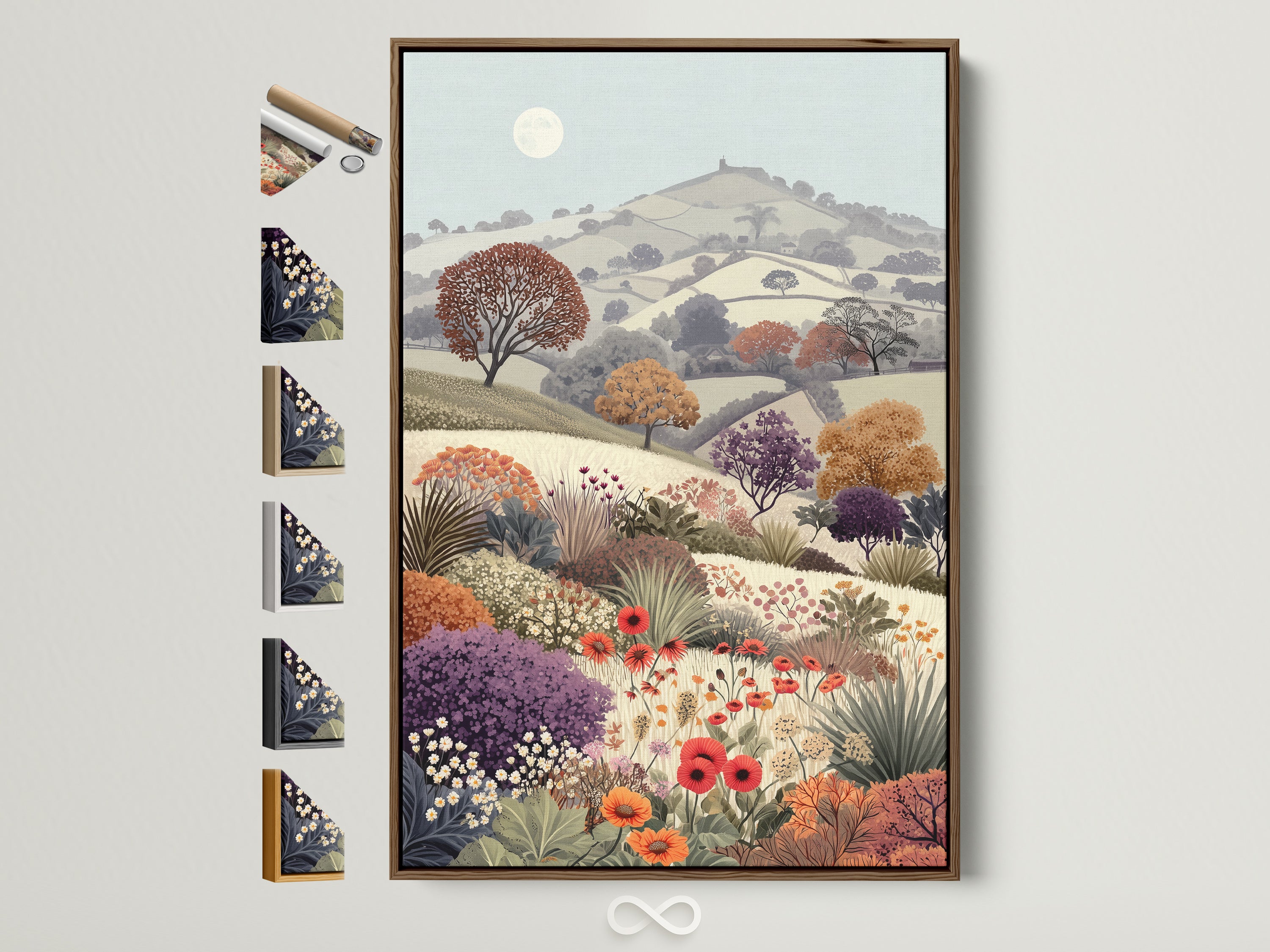 Floral Meadow artwork with a brown frame. This vintage landscape wall art brings countryside scenery to your study. The print showcases a flower field with botanical artwork. It adds rural charm and wildflower beauty. The pastel colors offer serene nature wall art for a cottagecore ambiance