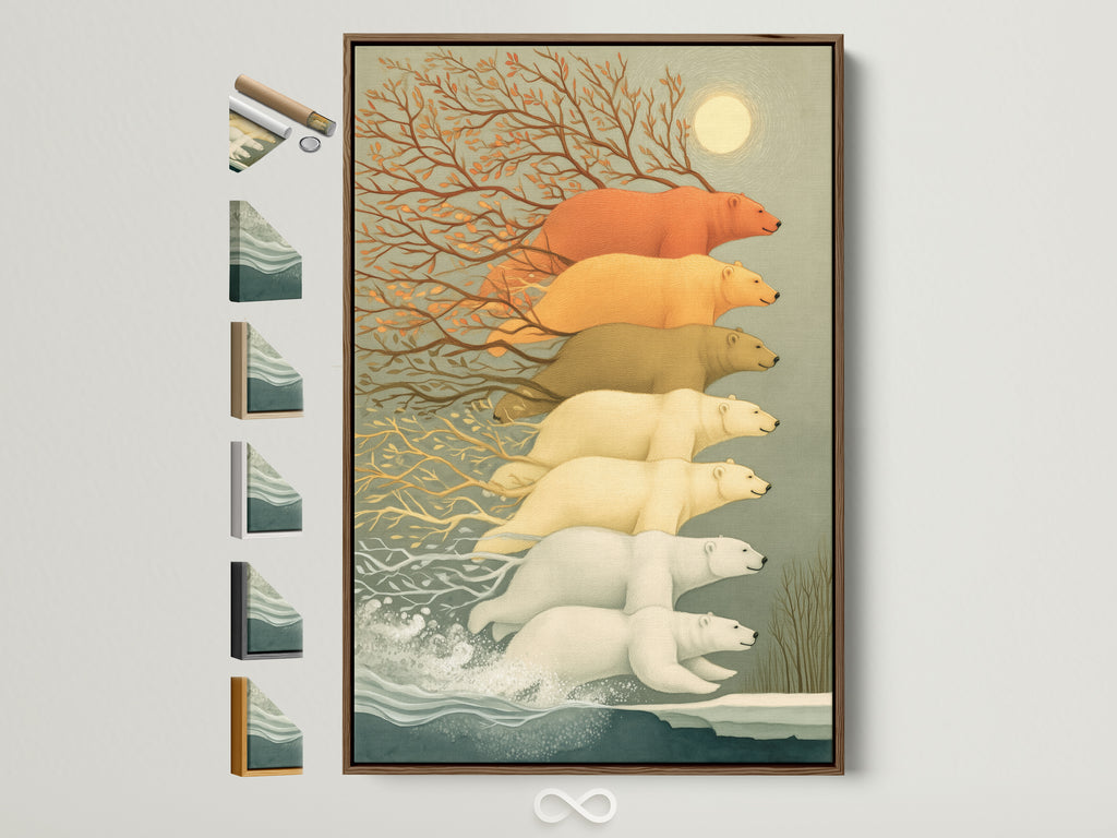 Polar Bear Art Print in a Brown Frame. Various frame options are displayed. This arctic wildlife canvas wall art adds a touch of nature to your nursery or study room. The beige and gray tones complement contemporary styles. Perfect wall decor for homeowners and parents seeking unique artwork.