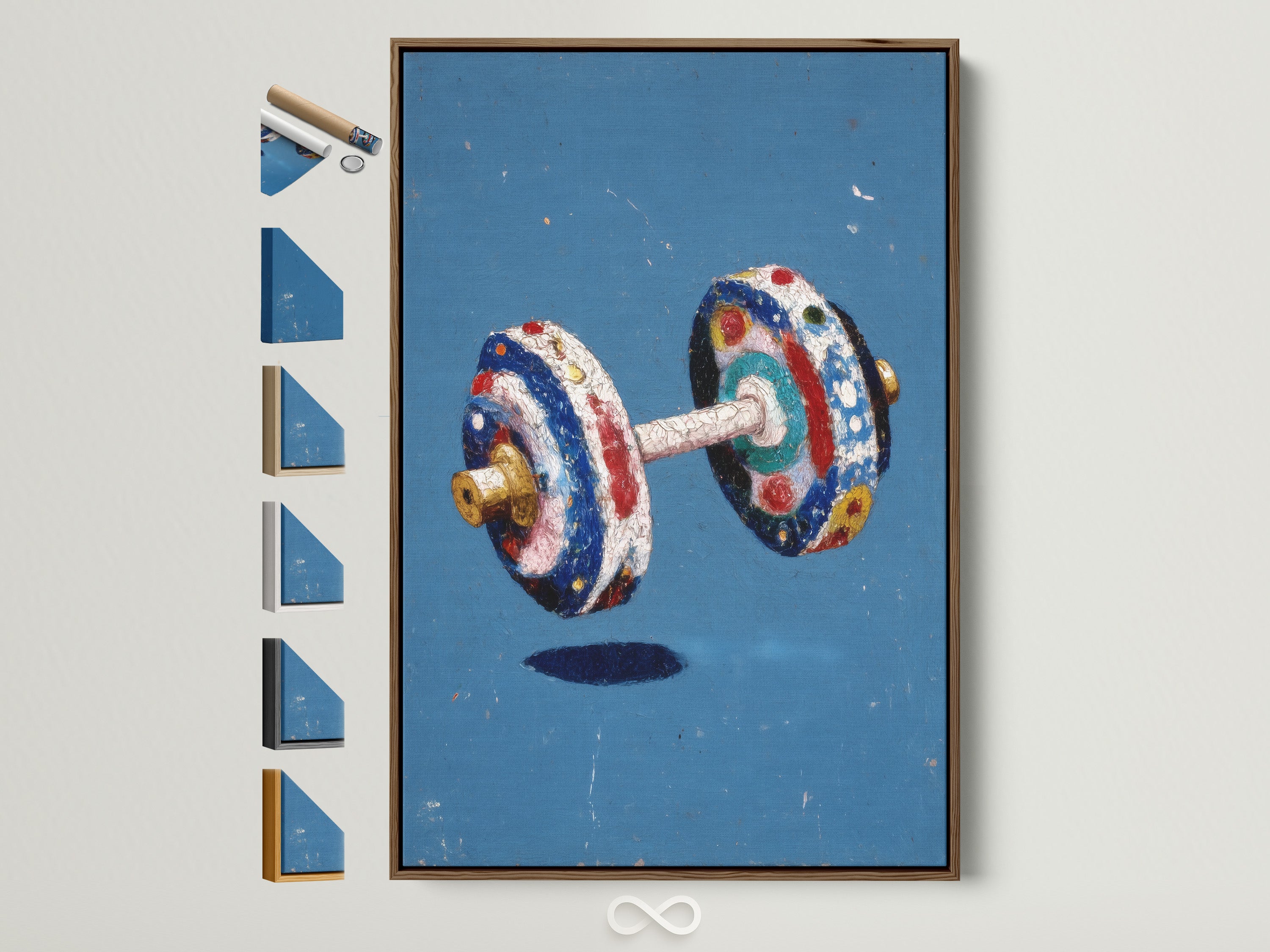 Vintage dumbbell art print in a brown frame. All frame options are displayed on the side. Colorful gym wall decor. Retro fitness canvas art for home gym and office space. A unique piece of sports wall art.