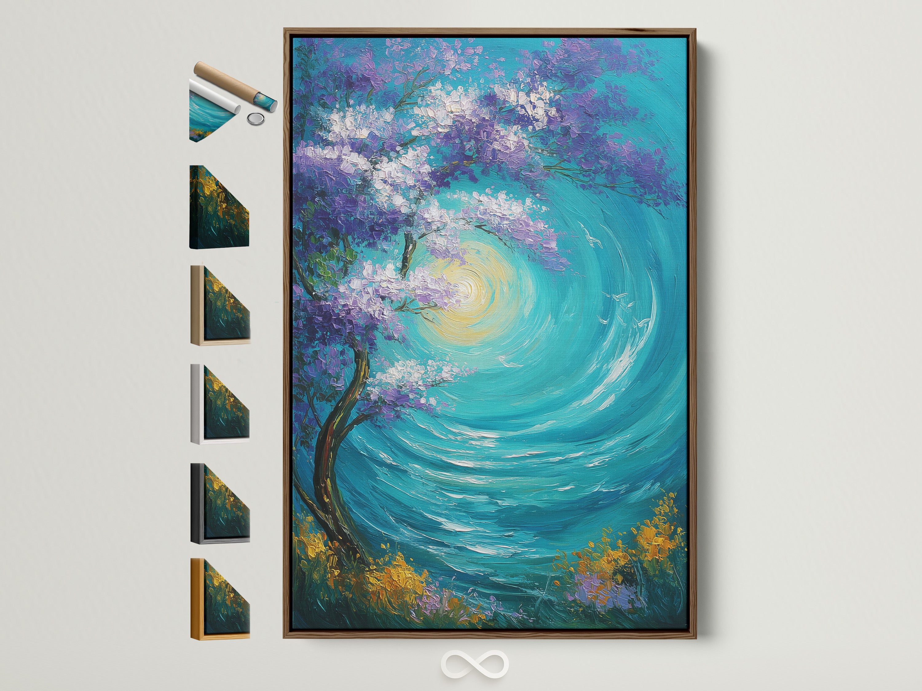 Artwork with a brown frame is displayed. Frame options are showcased on the side. This art piece brings a touch of nature indoors. The art features an abstract tree with purple leaves and blue water. It will look great in any room.