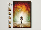 Cycling Art Canvas Print in Brown Frame. See all available frame options. Abstract biker wall art adds modern style to your space. Orange and teal tones create an energetic focal point. Perfect for home gyms living rooms or man caves.