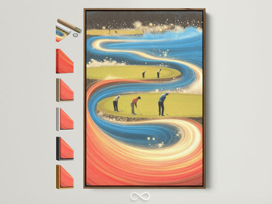 Golf course abstract artwork with a brown frame. This modern sports wall art adds a touch of elegance to any space. See all available frame options to customize your golfer canvas print. Perfect man cave decor or a unique gift for the golf lover.