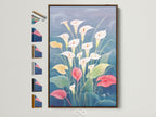 Calla Lily artwork with a brown frame is displayed. The artwork features a modern floral botanical print. The frame options are displayed on the side. Perfect spring home decor for a modern aesthetic.