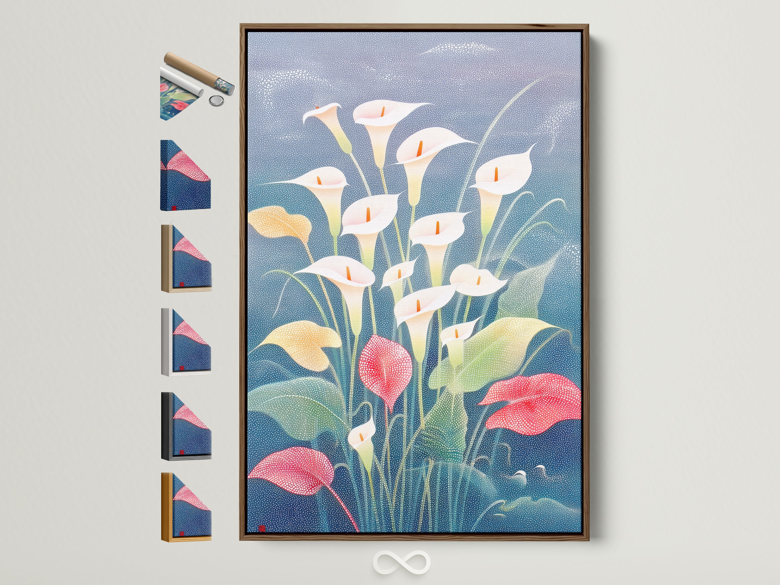 Calla Lily artwork with a brown frame is displayed. The artwork features a modern floral botanical print. The frame options are displayed on the side. Perfect spring home decor for a modern aesthetic.