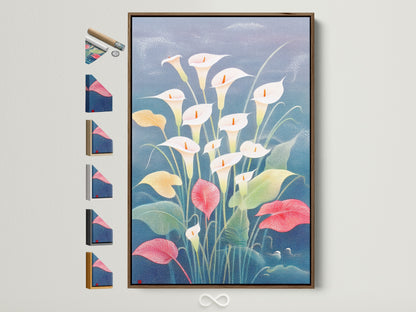 Calla Lily artwork with a brown frame is displayed. The artwork features a modern floral botanical print. The frame options are displayed on the side. Perfect spring home decor for a modern aesthetic.