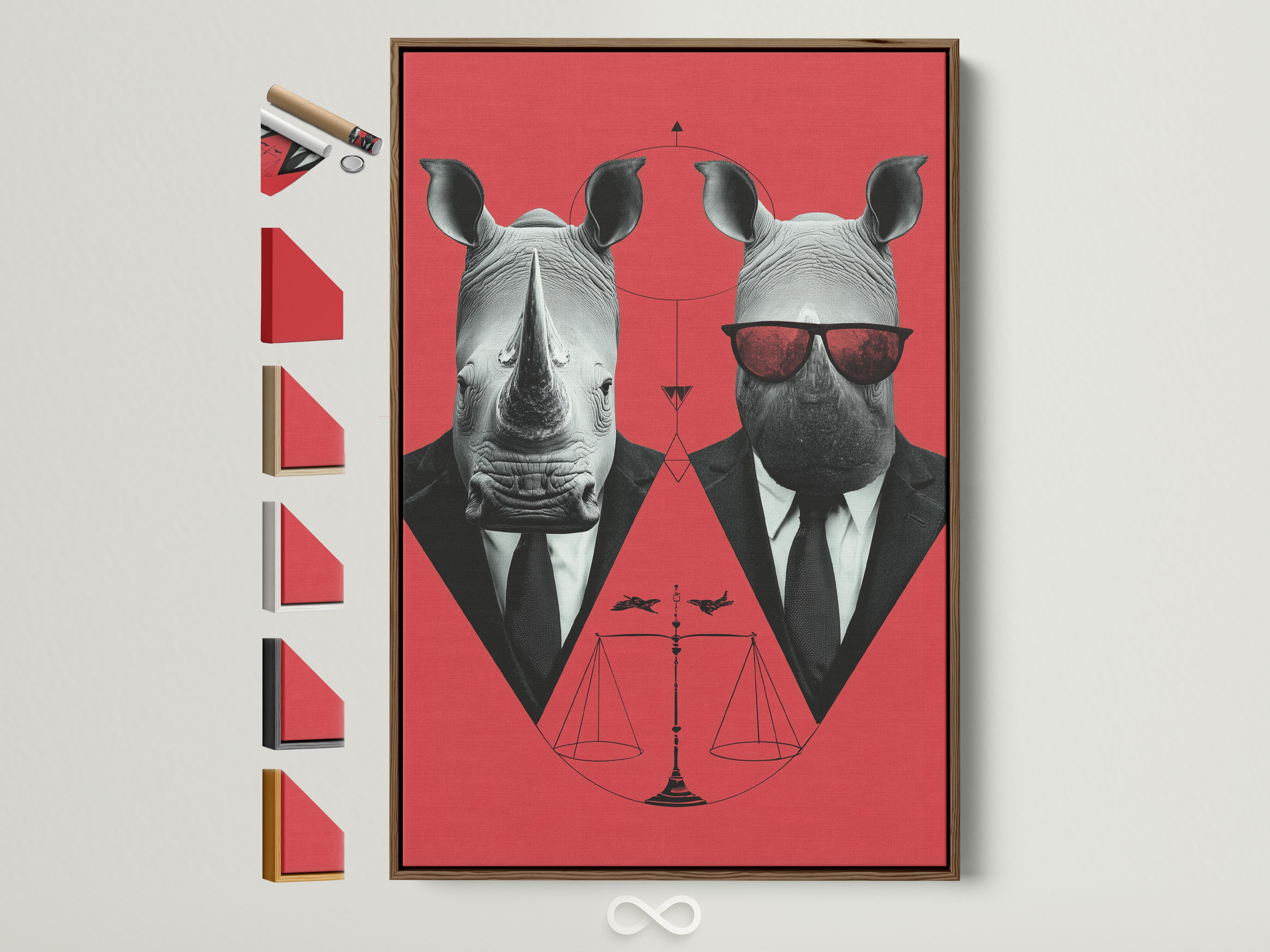 Rhino Business Suit artwork with a brown frame. The frame is displayed with other frame options on the side. This quirky animal wall art adds a surreal touch to any office. It's a perfect piece for modern home decor and creating a memorable atmosphere.