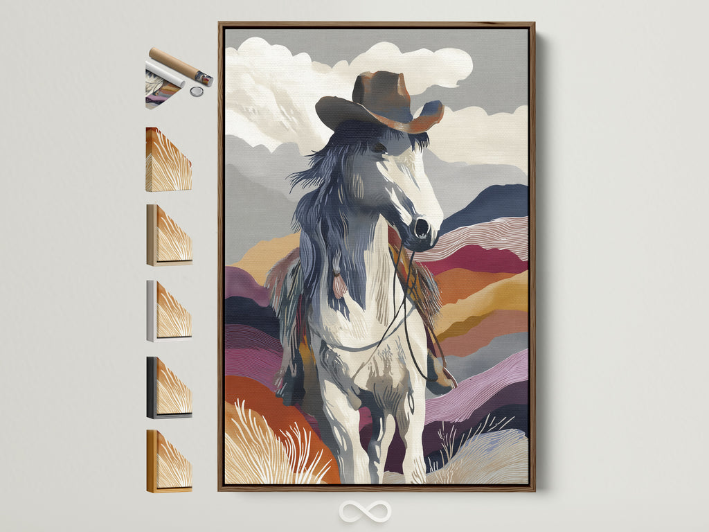 Western wall art featuring a cowboy horse in a brown frame. This southwestern landscape artwork adds rustic charm to any space. View all frame options to customize your office decor. Perfect for ranch style art enthusiasts.
