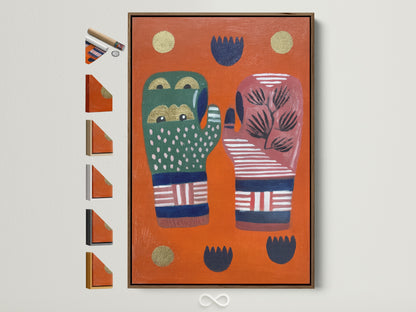 A vibrant abstract hands artwork is displayed in a brown frame. The print features bold colors and playful folk art elements. Various frame options are showcased on the side for easy customization. This artwork adds a unique touch to any space. It is perfect for eclectic and modern decor styles.