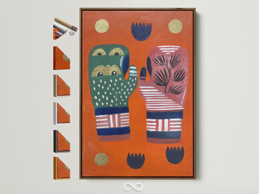 A vibrant abstract hands artwork is displayed in a brown frame. The print features bold colors and playful folk art elements. Various frame options are showcased on the side for easy customization. This artwork adds a unique touch to any space. It is perfect for eclectic and modern decor styles.
