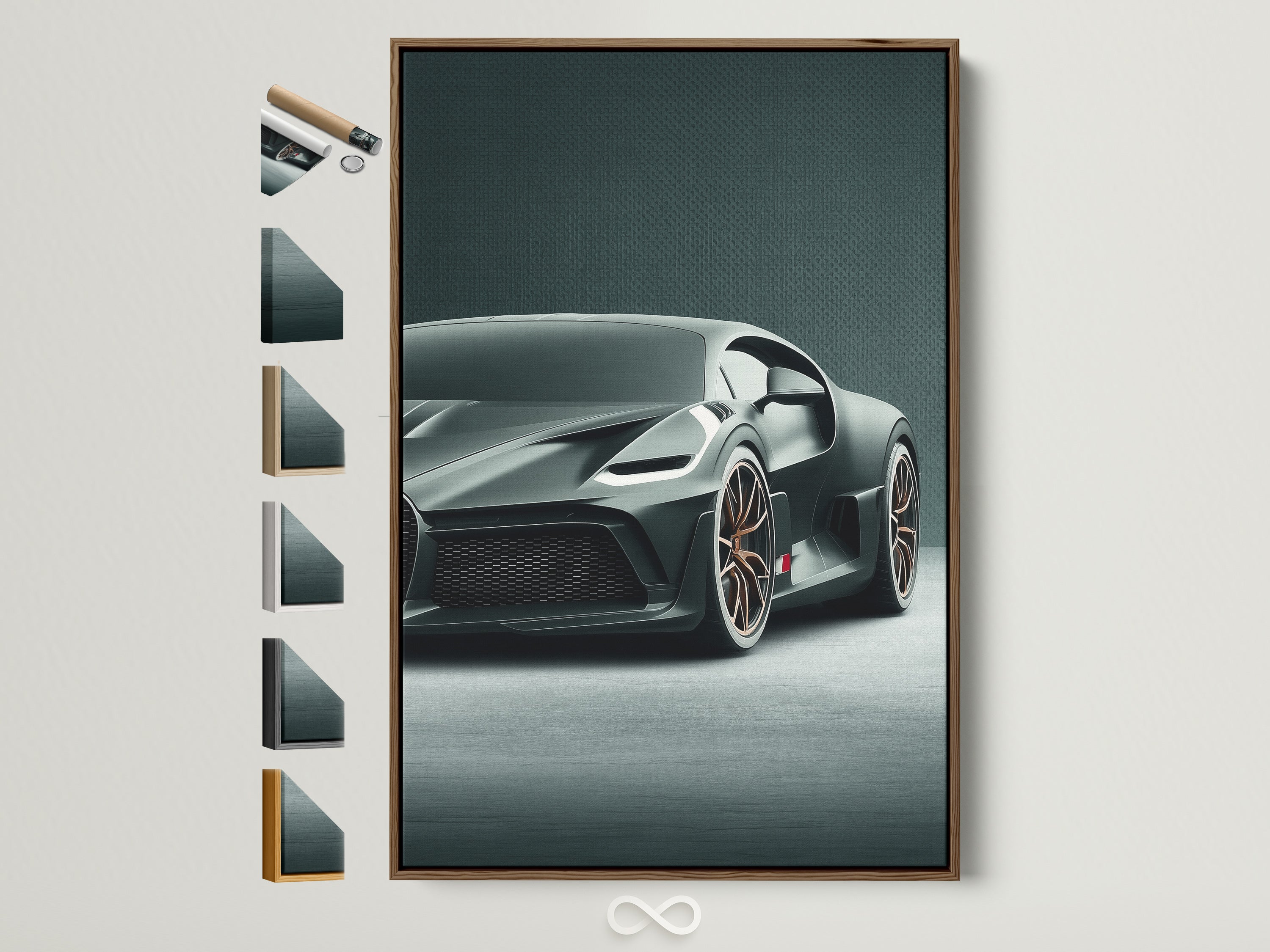 A luxury sports car artwork is displayed in a brown frame. The frame showcases various options available. Perfect for automotive enthusiasts and modern decor. Explore frame choices to enhance your supercar poster.