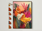 A vibrant floral artwork is displayed in a light brown frame. The artwork features a mix of colors including orange yellow pink and green. All available frame options are showcased on the side. This framed artwork adds a touch of elegance to any interior space.
