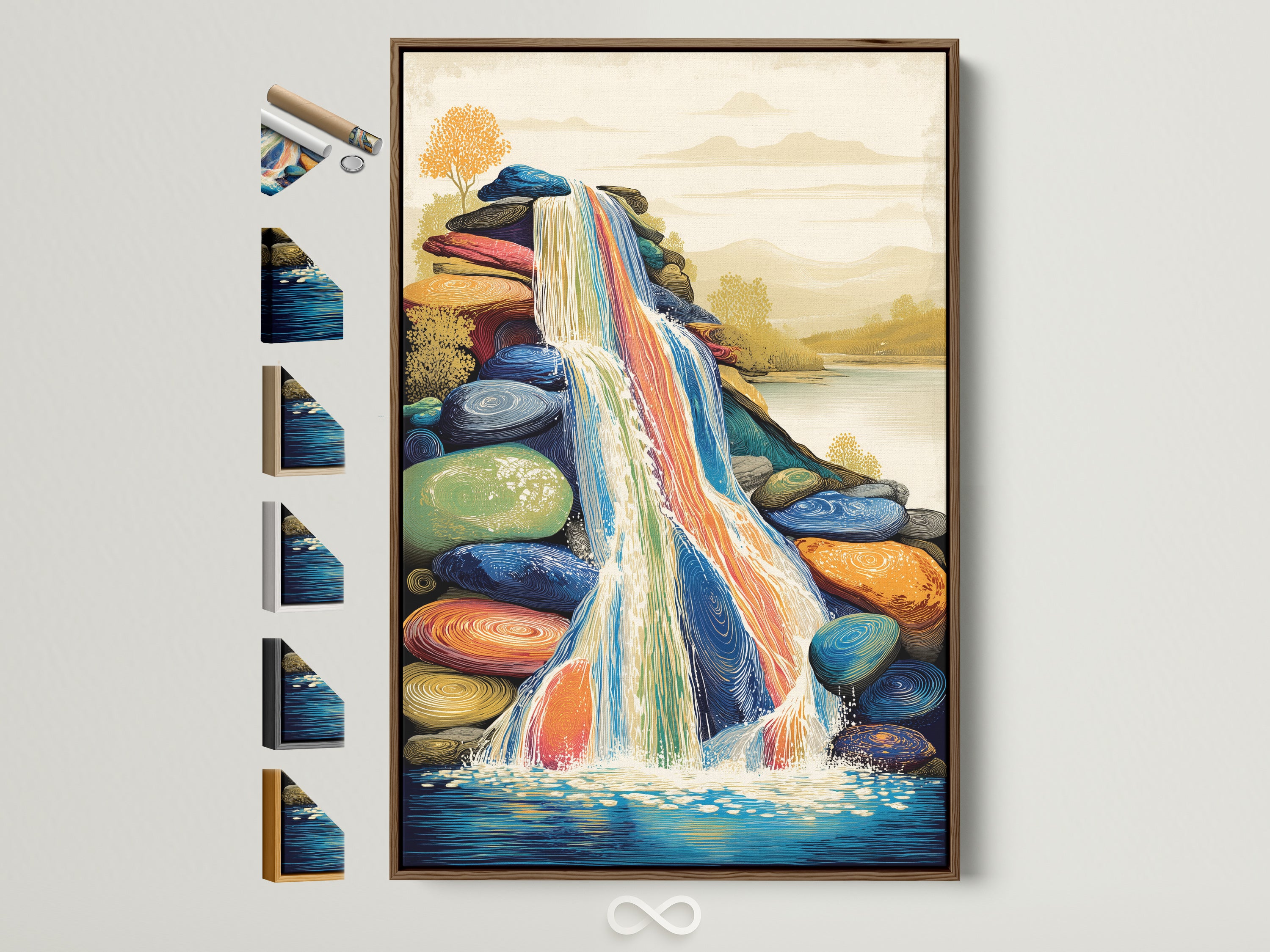 A colorful waterfall artwork is showcased in a brown frame. The artwork features vibrant rocks and flowing water. Frame options are displayed on the side. Perfect wall art for minimalist decor.