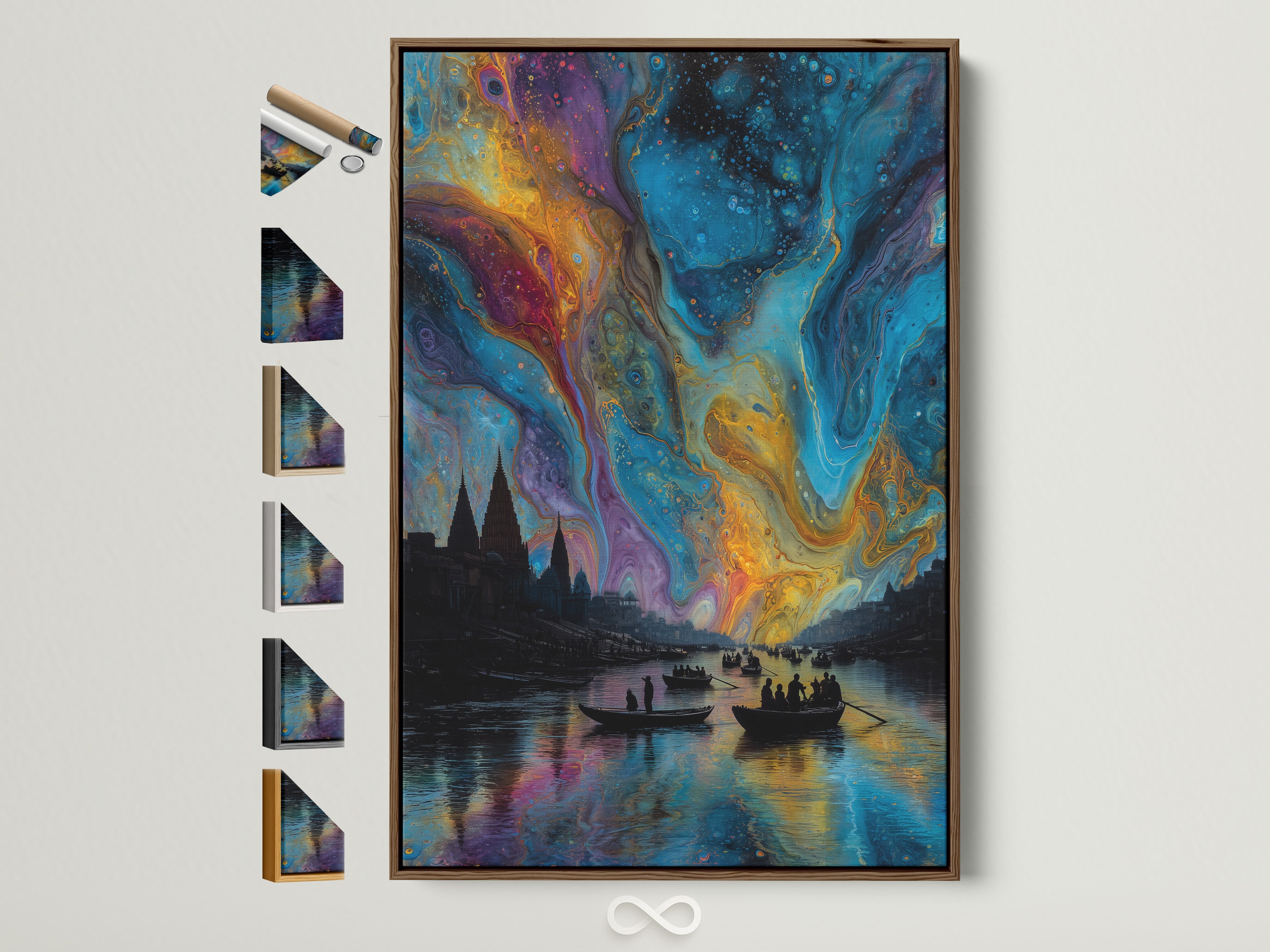 Aurora Borealis artwork with a brown frame on a white wall. The vivid cosmic sky art is a surreal northern lights poster. See frame options available for this celestial wall decor.