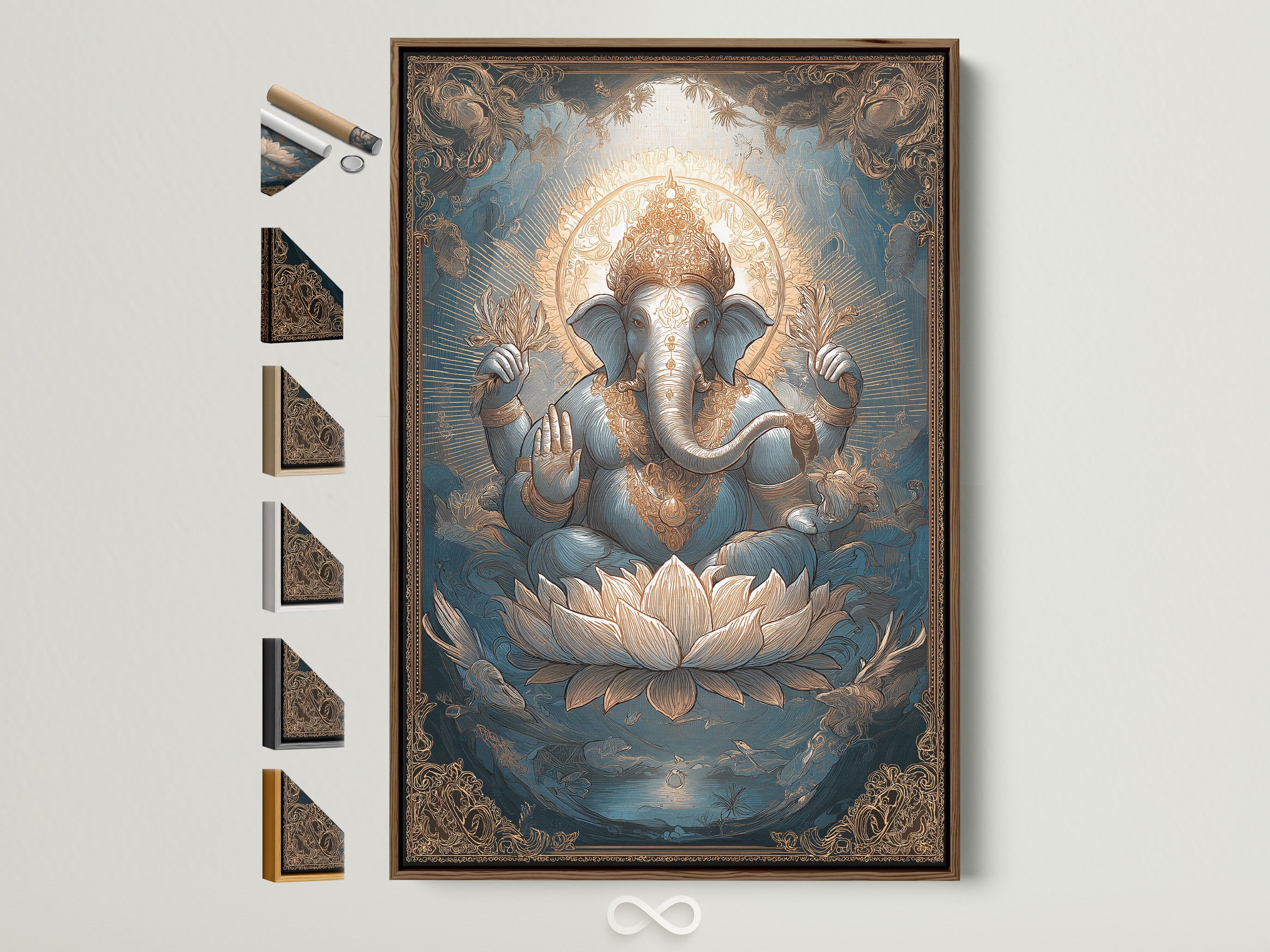 Ganesha Canvas Art displayed with frame options. Discover Hindu Deity Wall Art Spiritual Elephant God Print. Perfect for Meditation Room Decor.  Explore Lotus Blessing Art. A beautiful addition to any space.