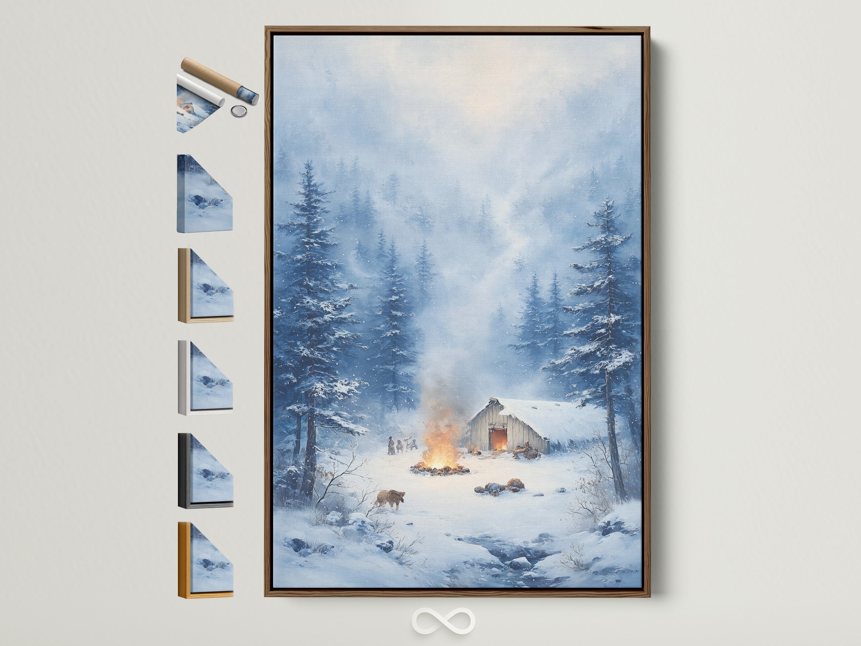 Winter Cabin Artwork in a brown frame. View the various frame options to enhance your rustic landscape artwork. Perfect cabin wall art for homeowners and interior decorators.
