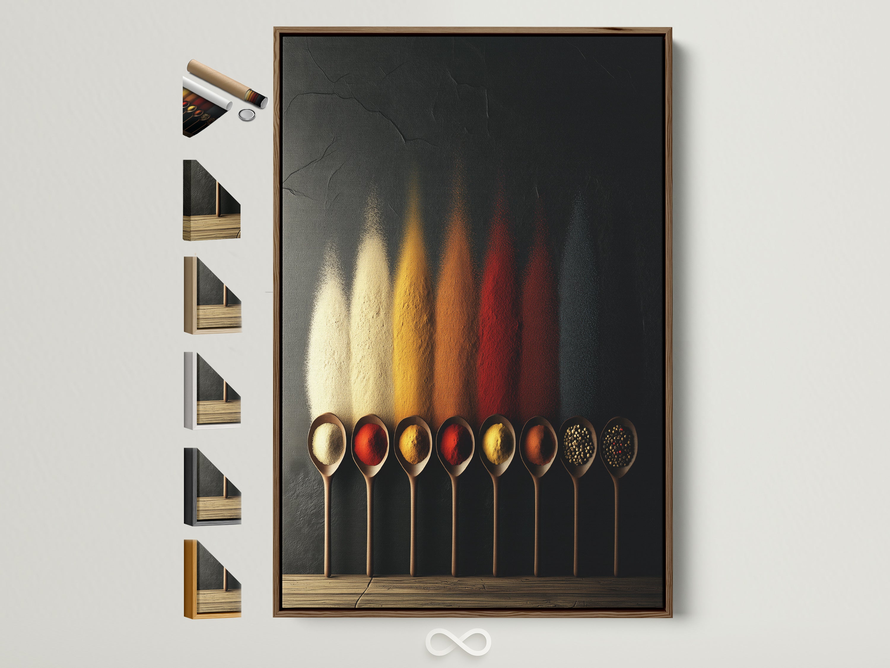 Spice Spoons culinary wall art with a modern brown frame. View all frame options for this modern kitchen artwork. Ideal for foodie gifts and chef decor in modern homes. Perfect for renters interior decorators restaurant owners and cafe owners seeking sophisticated wall art.
