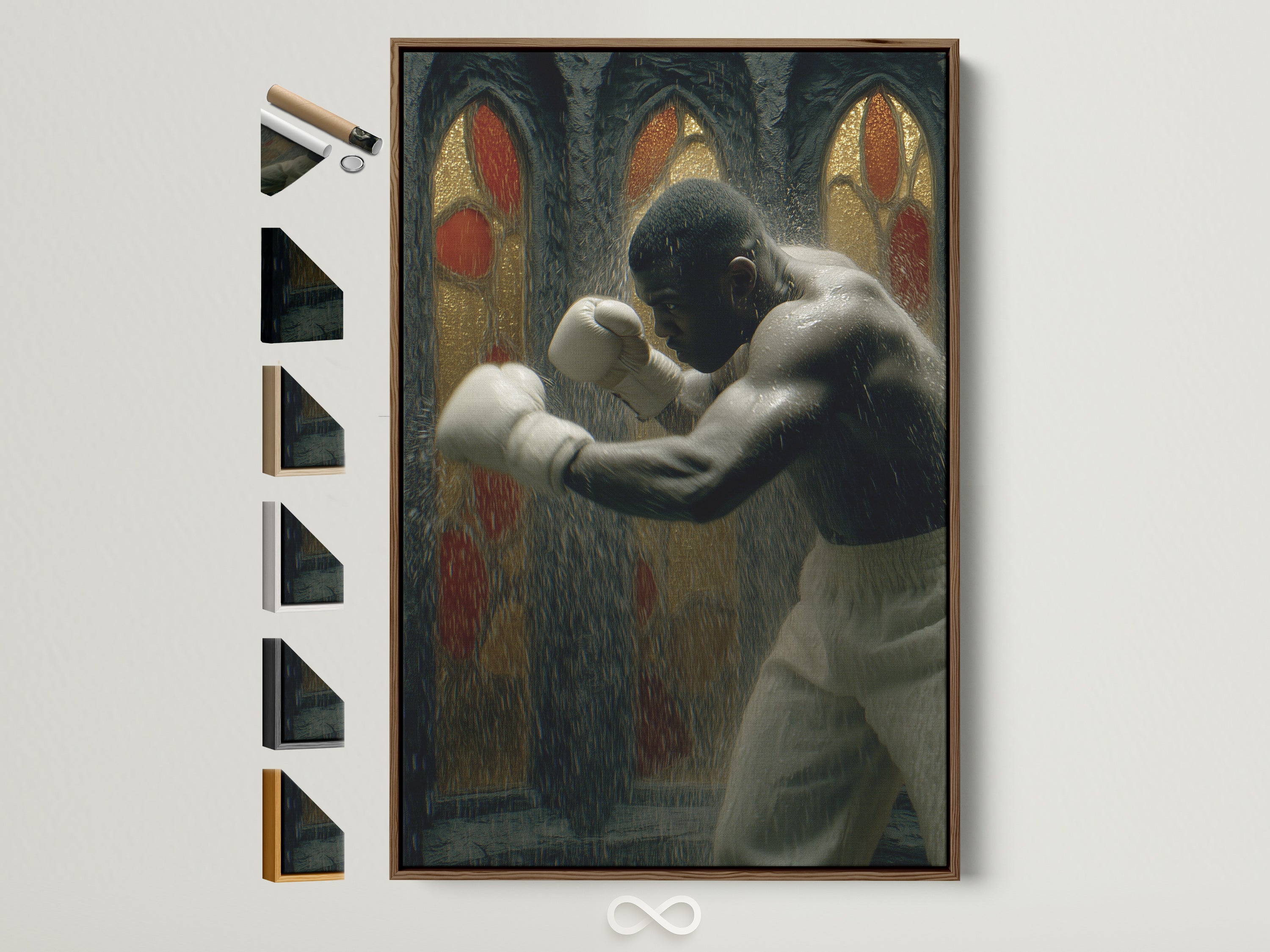 Vintage boxing artwork in a brown frame. The artwork depicts a boxer in action. Other frame options are displayed. Elevate your space with gothic sports canvas art. Perfect for man caves and gyms. Find the ideal athletic wall decor gift.