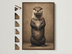 Brown frame showcasing an otter art print. See frame options on the side. The artwork features a whimsical animal. It is perfect wall art for a nursery or bathroom. This cute wildlife canvas print adds charm to any room. It complements minimalist and rustic styles