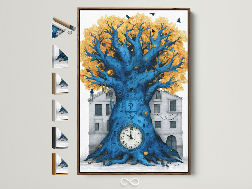 Surreal Clock Tree artwork is framed in a brown frame. Various frame options are displayed on the side. The artwork features a tree with a clock at its base set against a building. Black birds sit in the trees golden leaves. The tree's trunk is a vibrant blue making this a unique home art piece.