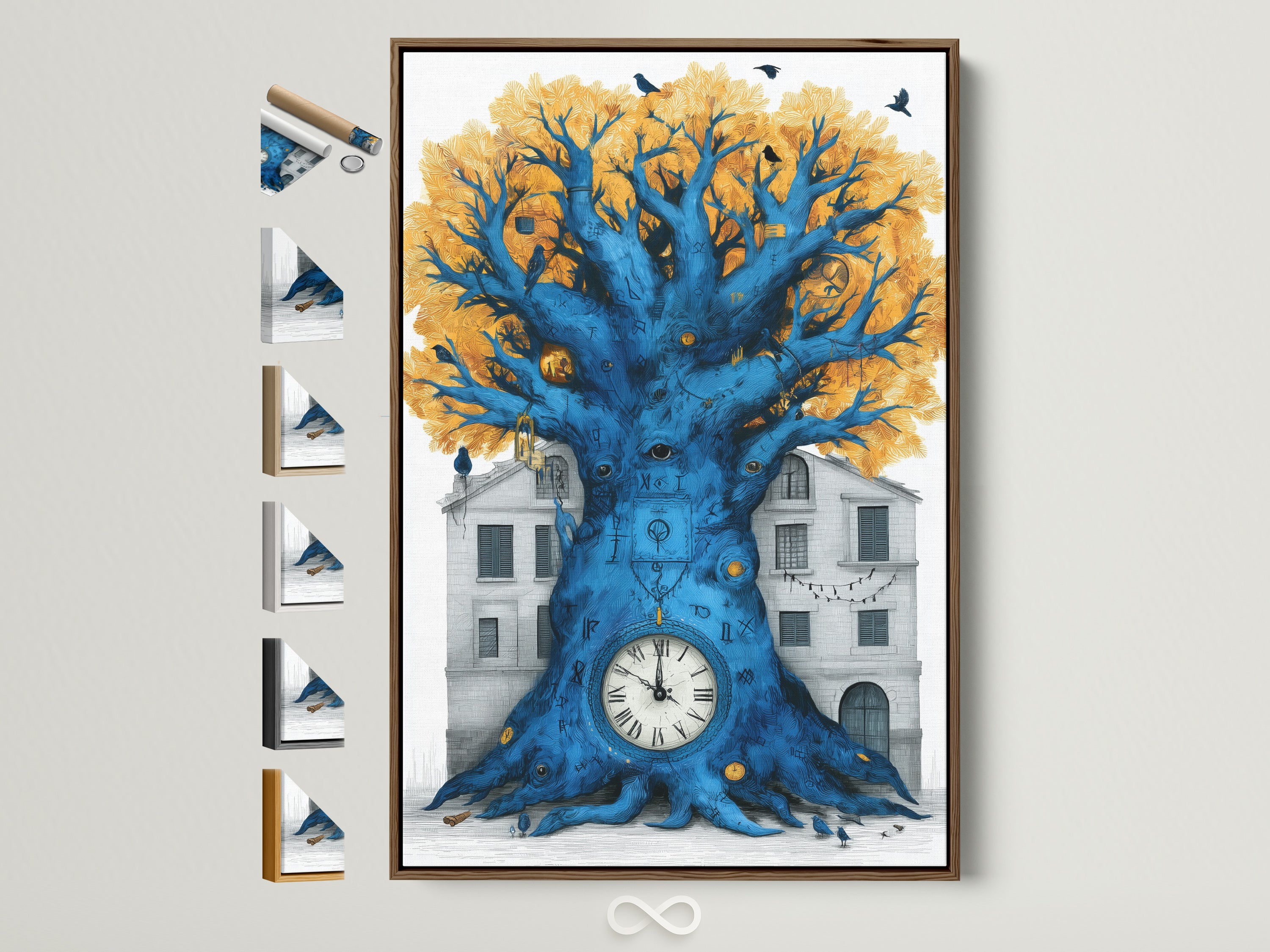 Surreal Clock Tree artwork is framed in a brown frame. Various frame options are displayed on the side. The artwork features a tree with a clock at its base set against a building. Black birds sit in the trees golden leaves. The tree's trunk is a vibrant blue making this a unique home art piece.