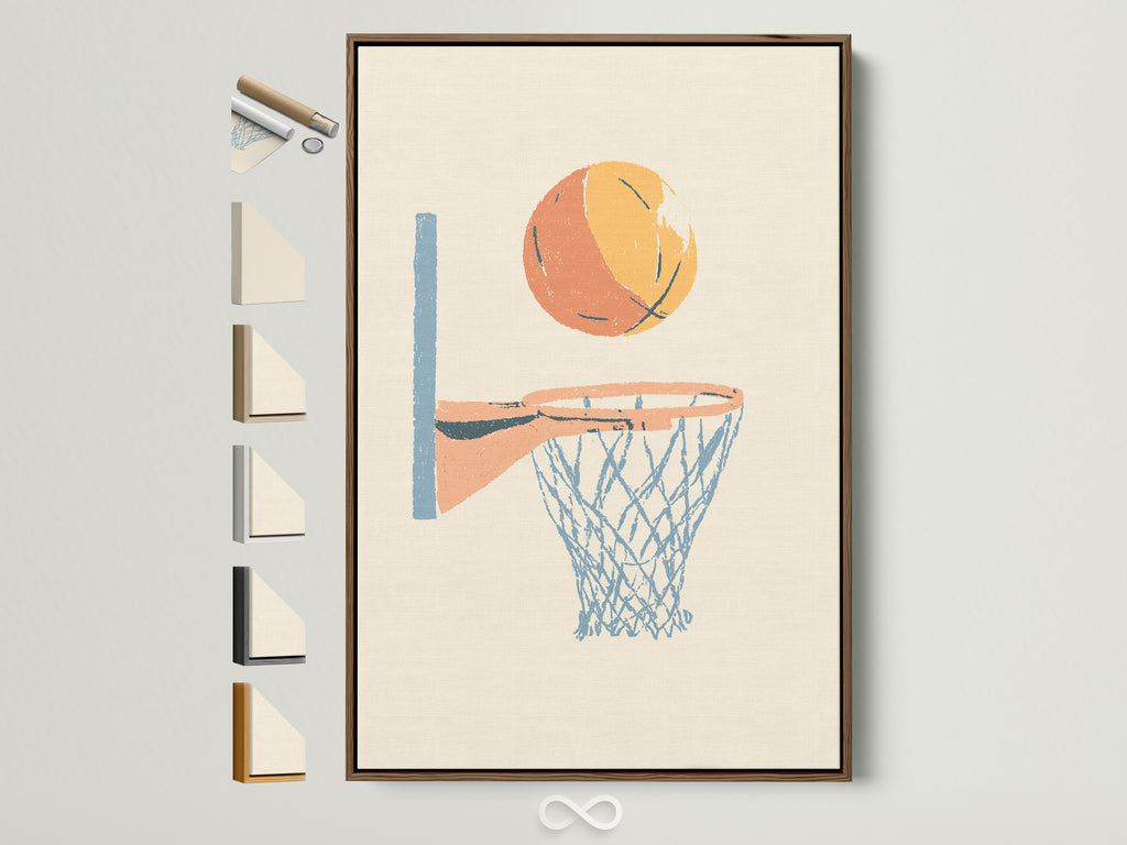Artwork featuring a basketball above a net is displayed in a brown frame. The frame options are visible beside it. This showcases the various framing choices available for fine art prints.