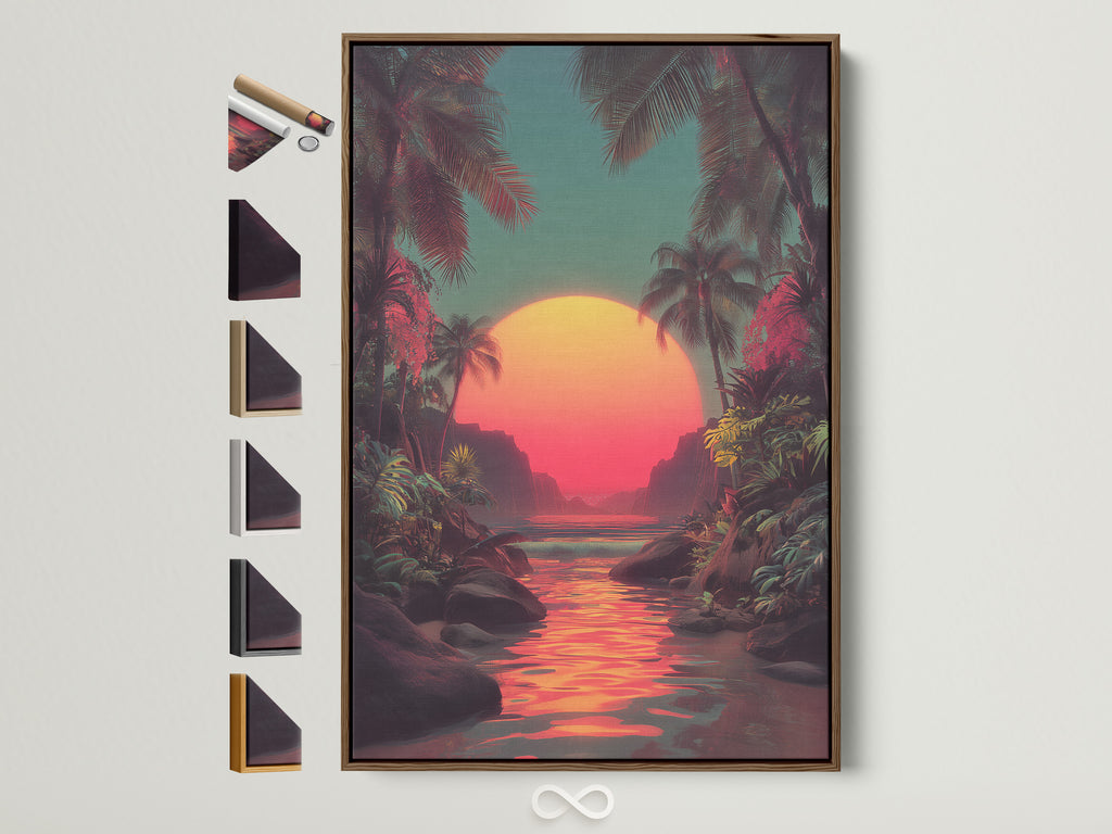 A framed artwork hangs on a white wall. The brown frame complements the art piece. Various frame choices are displayed on the side. Consider our frame options for your next artwork. Find the perfect frame to match your aesthetic. Showcase your art with our diverse frame selection.