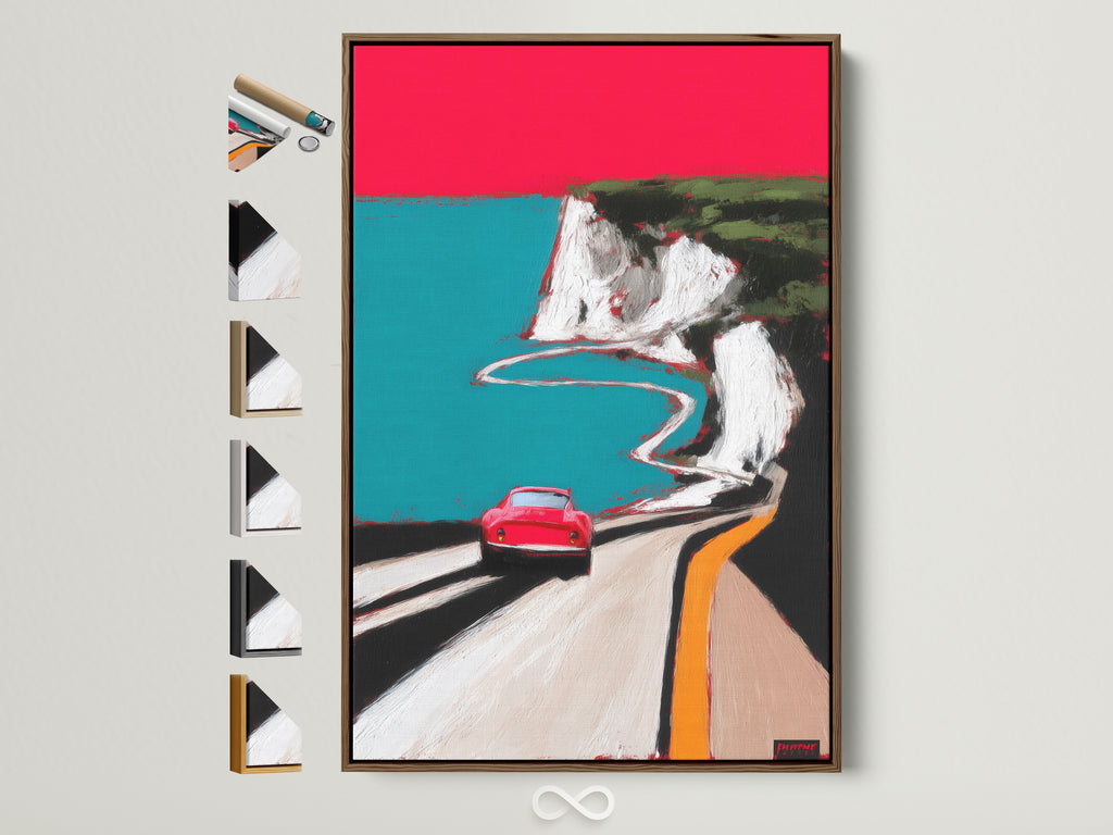 Coastal road artwork print in a brown frame. See all available frame options. This mid-century modern art features a red car on a scenic route. Perfect for travel lovers and car collectors. Add a touch of coastal charm to your space with this unique piece.
