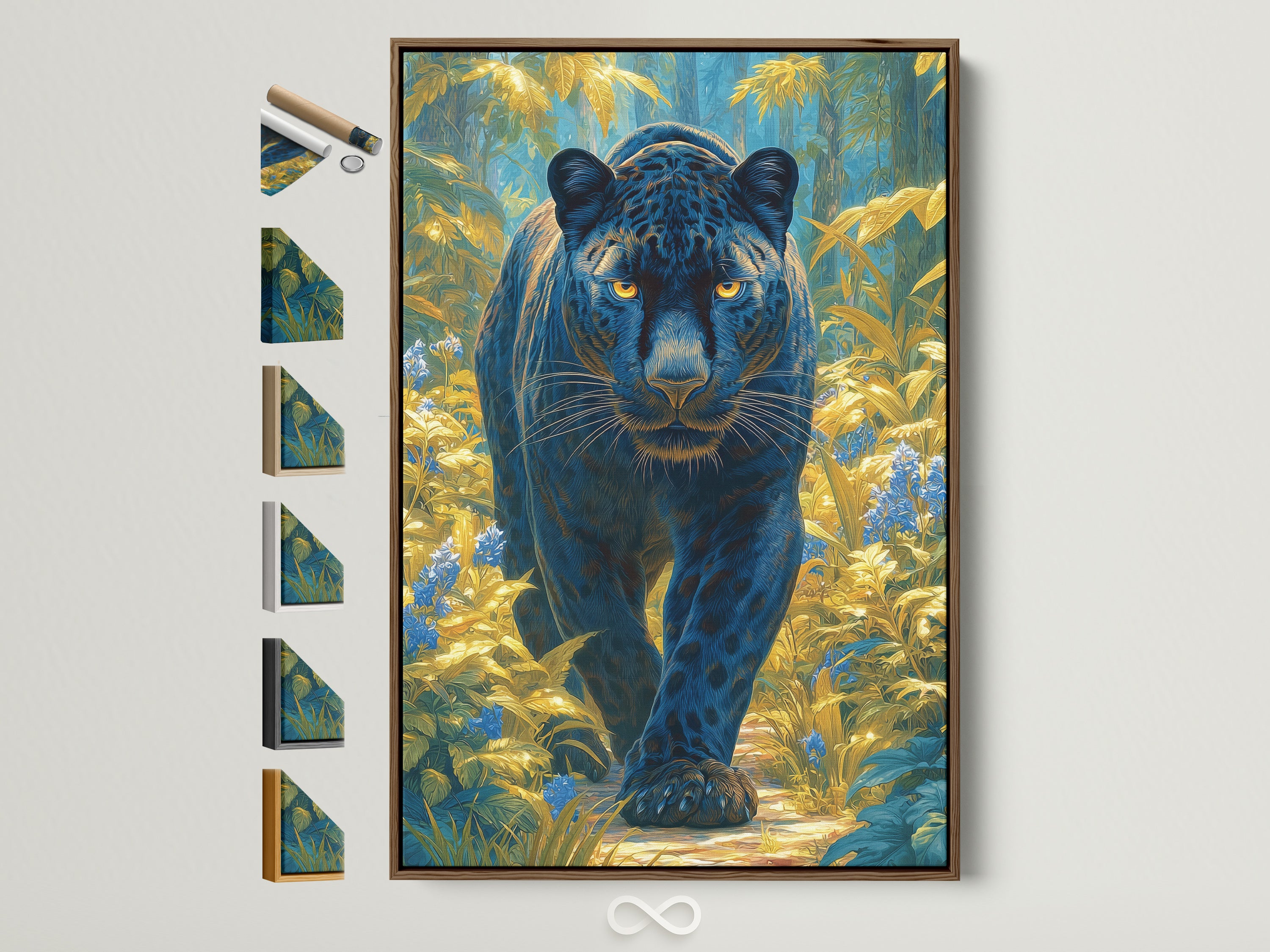 Black Panther jungle cat artwork framed in a brown frame. The wall art features teal and gold colors. See all available frame options for this animal artwork. Perfect home decor for living room or bedroom wall art. Add a touch of wildlife art to your space.
