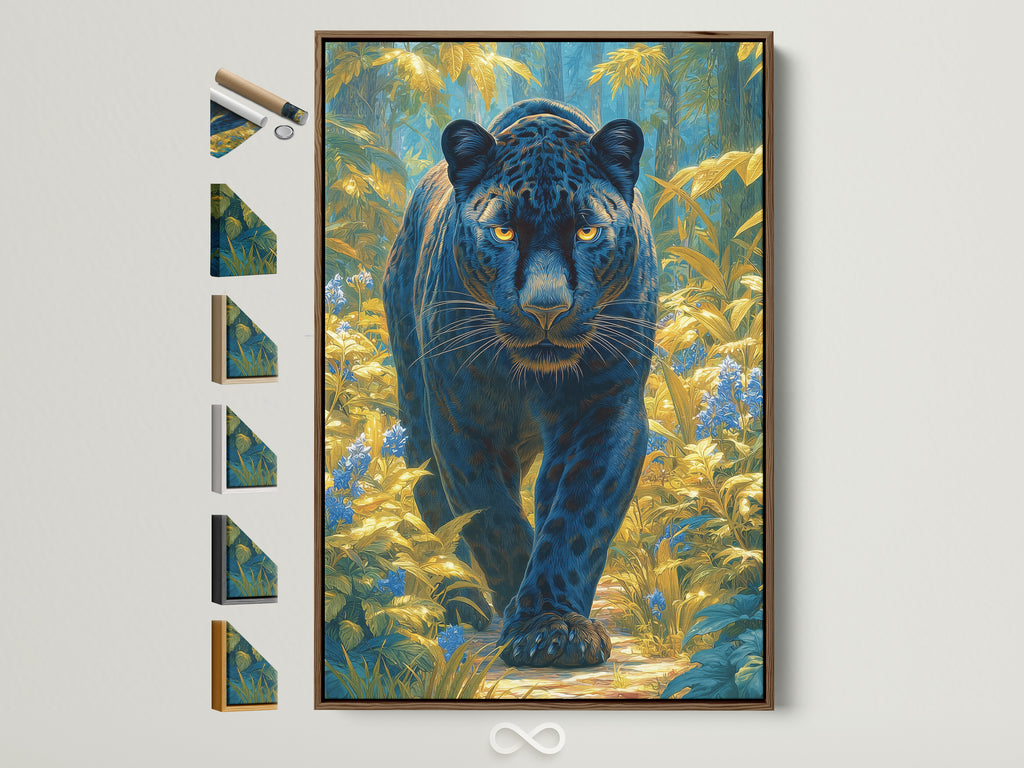 Black Panther jungle cat artwork framed in a brown frame. The wall art features teal and gold colors. See all available frame options for this animal artwork. Perfect home decor for living room or bedroom wall art. Add a touch of wildlife art to your space.