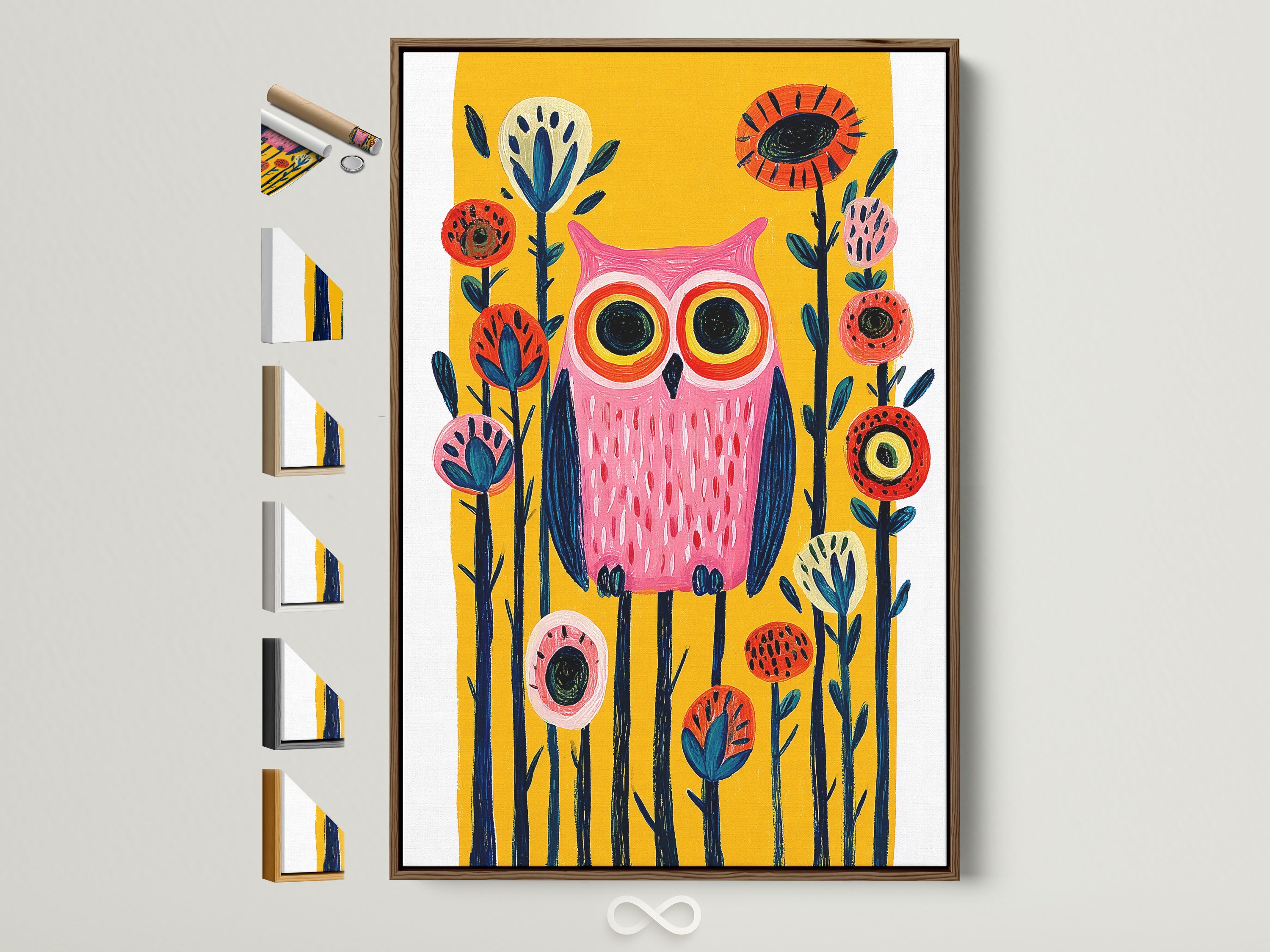 Colorful Owl Wall Art in a Brown Frame. This folk art canvas print features a whimsical bird artwork. Perfect for a kids bedroom or nursery decor. Frame options are displayed on the side. Add a touch of charm to your space with this contemporary artwork. The primary color is pink and the secondary color is yellow.
