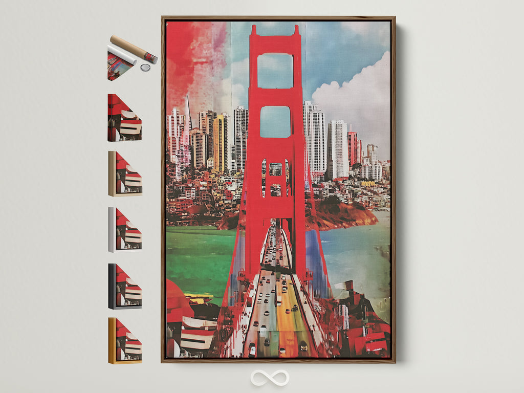 Explore frame options for Golden Gate Bridge art. The brown frame is displayed alongside other frame choices. Elevate your San Francisco canvas print with the perfect frame. Discover cityscape wall art that matches your style.