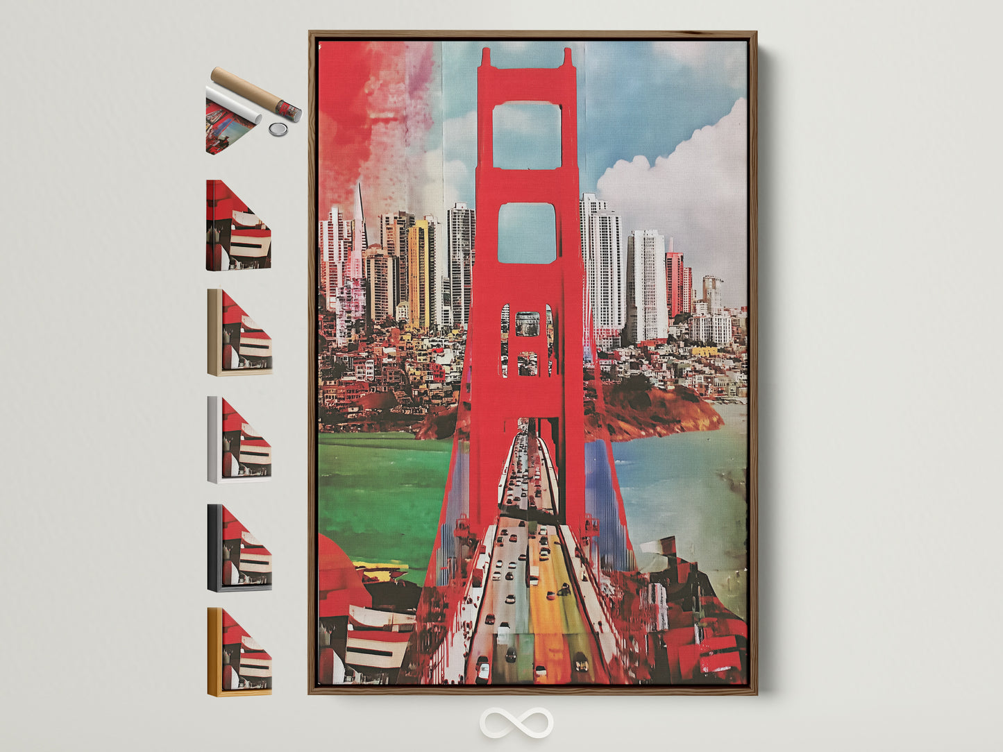 Explore frame options for Golden Gate Bridge art. The brown frame is displayed alongside other frame choices. Elevate your San Francisco canvas print with the perfect frame. Discover cityscape wall art that matches your style.